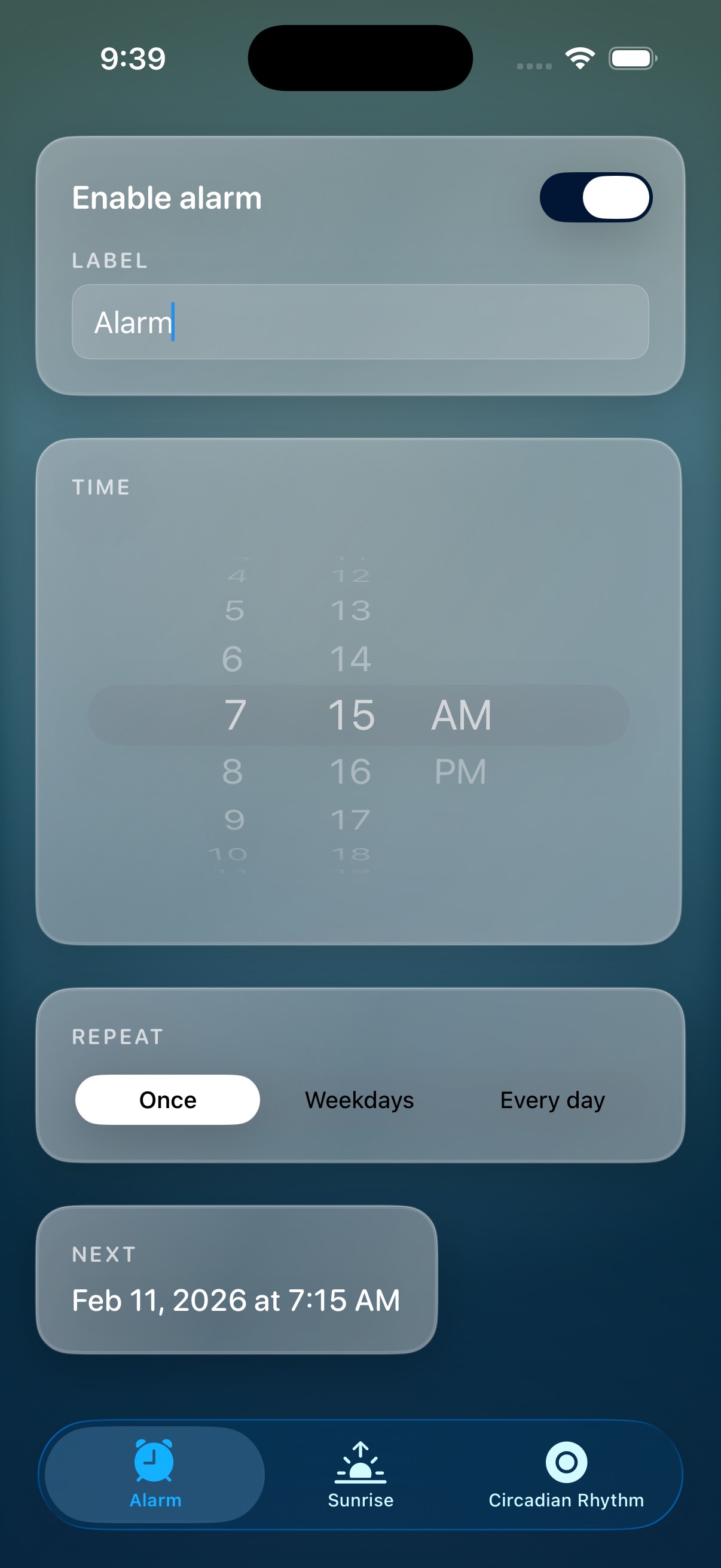Set a normal alarm with time picker and repeat options
