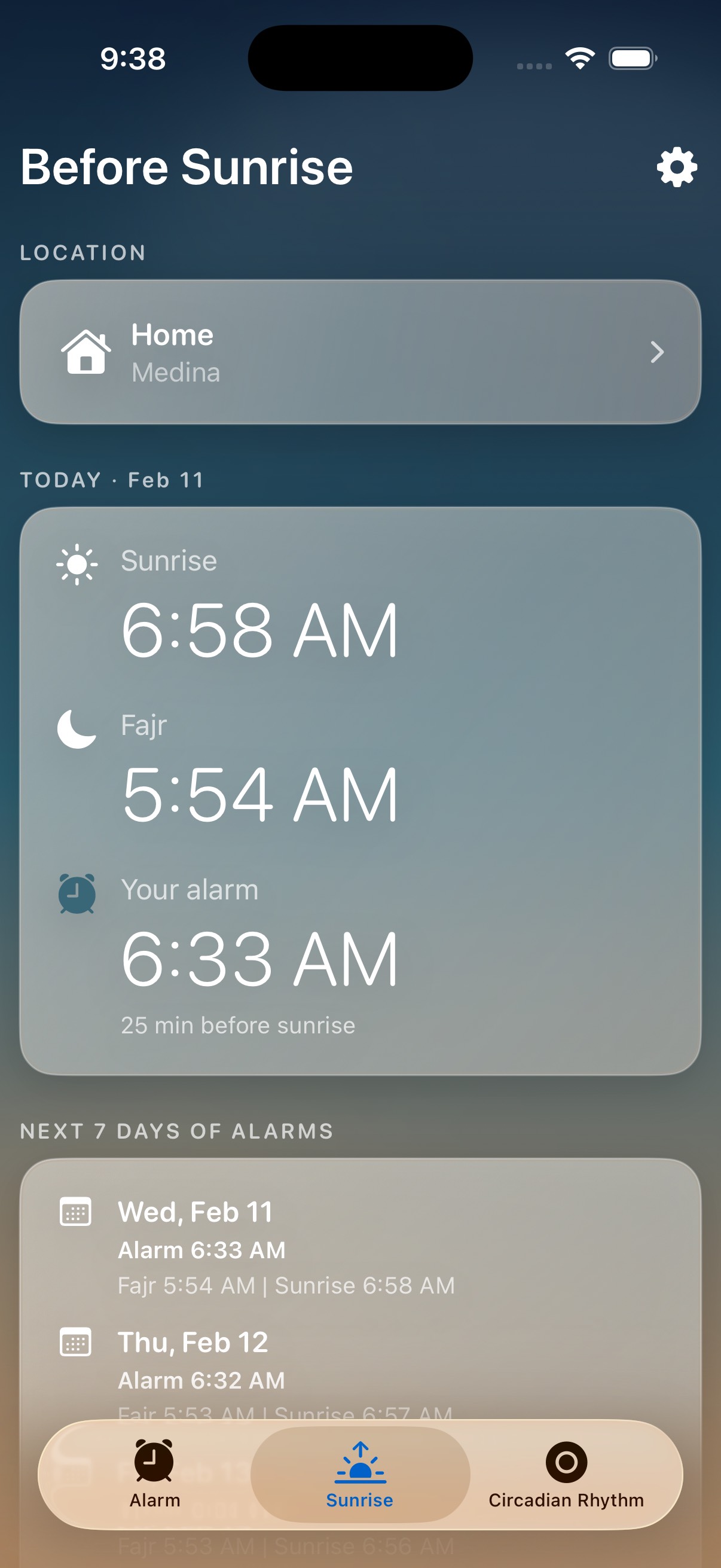 Sunrise and Fajr times with your next alarm